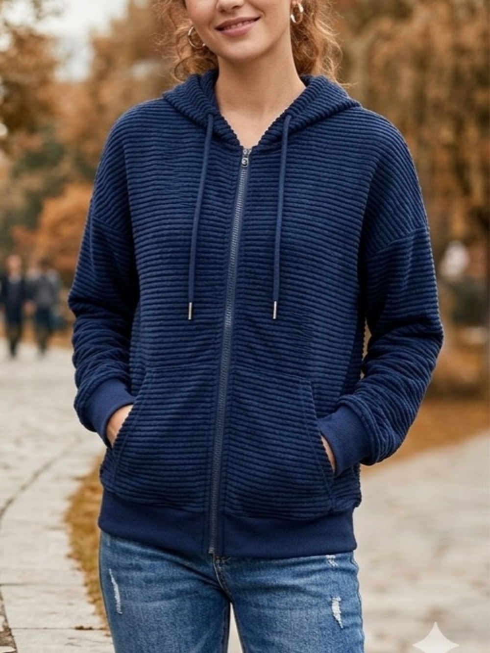 PRETTYGARDEN Navy Blue Ribbed Zip-Up Hoodie Jacket Size XL